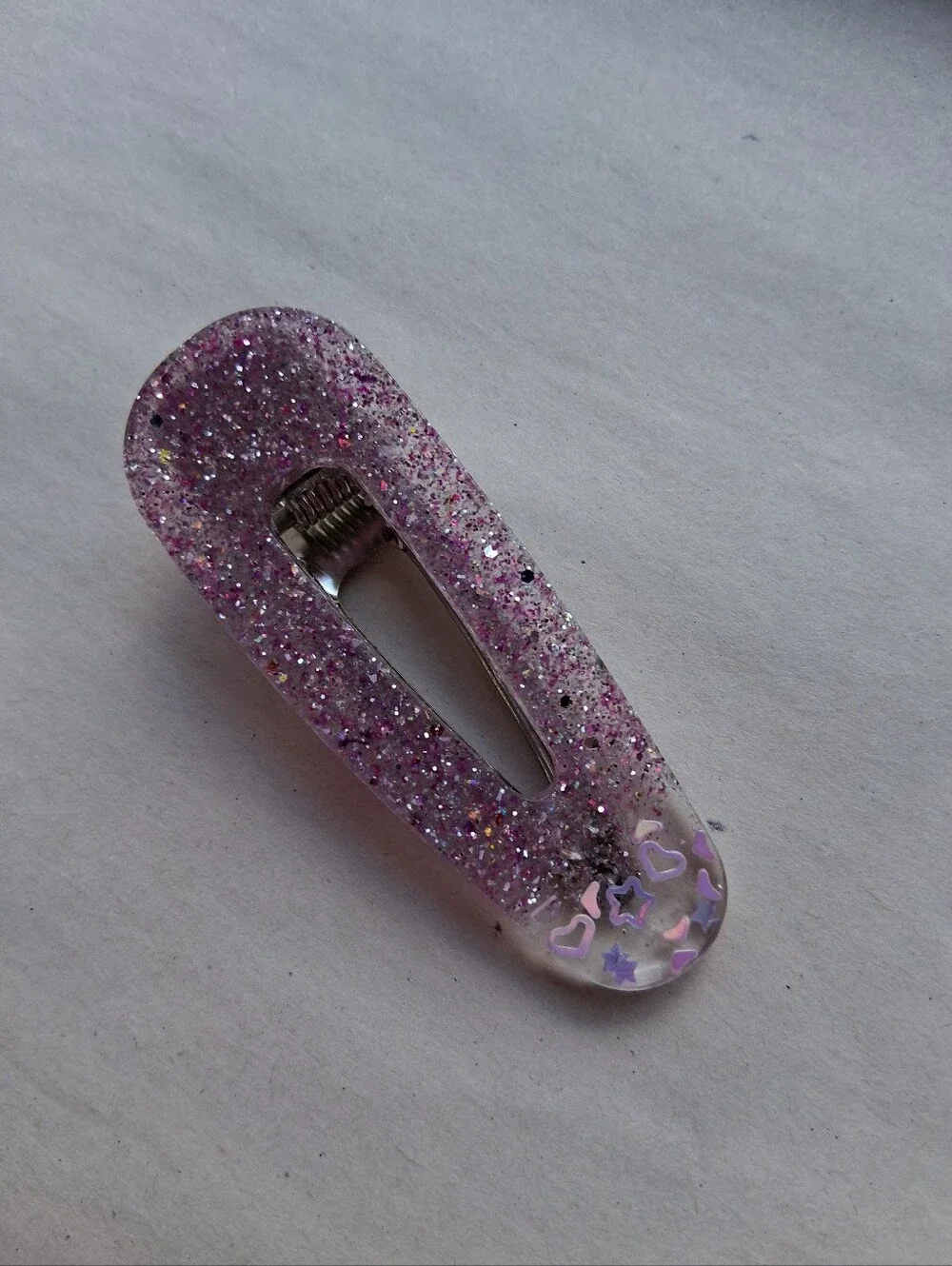 5/$25 Hand Crafted Pink Glitter Resin Hair Clip with Heart Accents